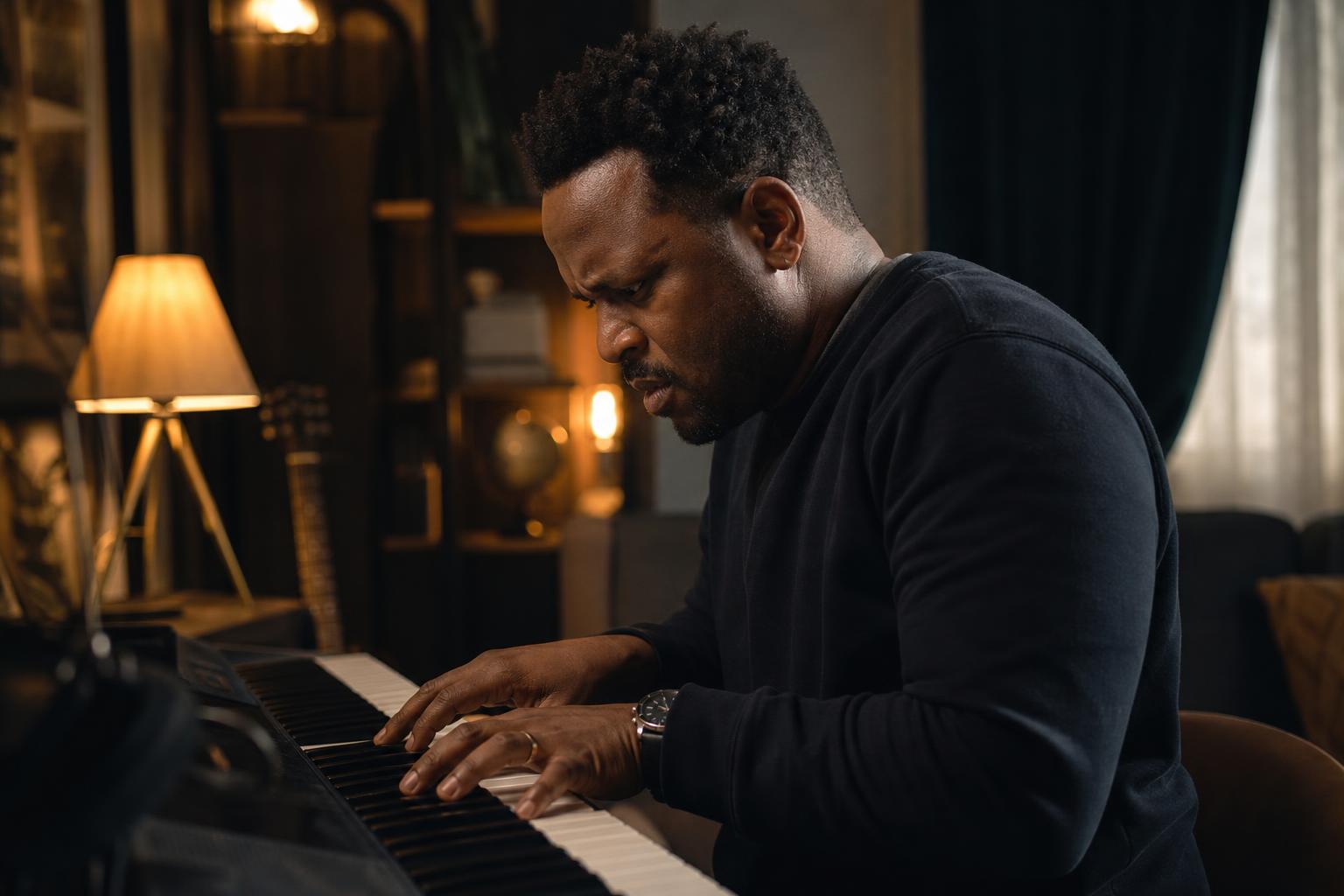 Pianiste concentré mais tendu devant son clavier, le visage crispé : il joue des notes, sans pour autant se sentir libre d'accompagner